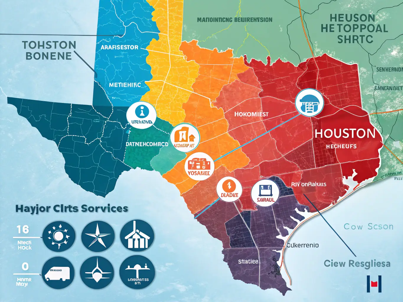 A map of the Houston metropolitan area, highlighting the major cities and suburbs where Houston HVAC Pro provides services.