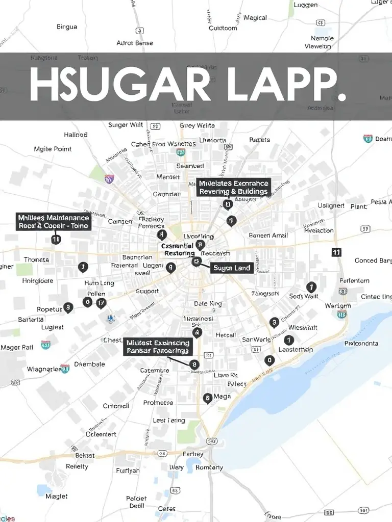 A map of Sugar Land, Texas, emphasizing residential areas and commercial buildings, with a focus on HVAC maintenance and repair services.