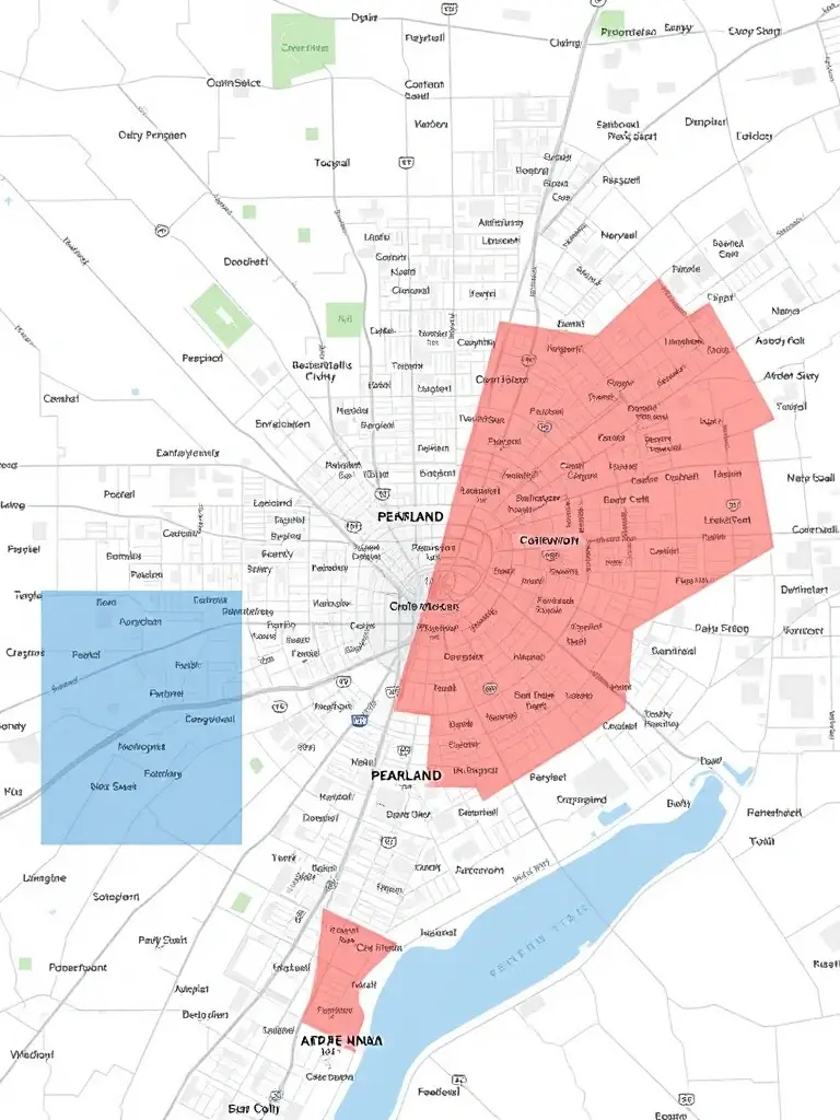 A map of Pearland, Texas, highlighting residential neighborhoods and commercial centers, with a focus on HVAC system upgrades and energy efficiency.