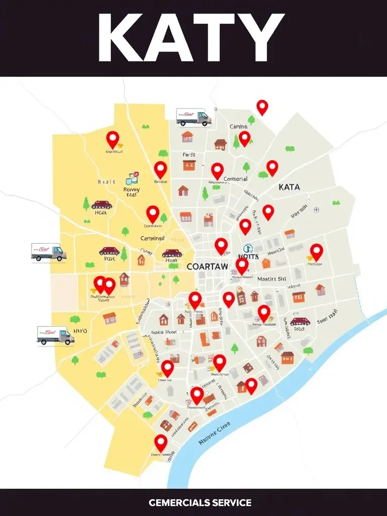 A map of Katy, Texas, showcasing a mix of residential and commercial properties, with a focus on HVAC units and service vehicles in the area.