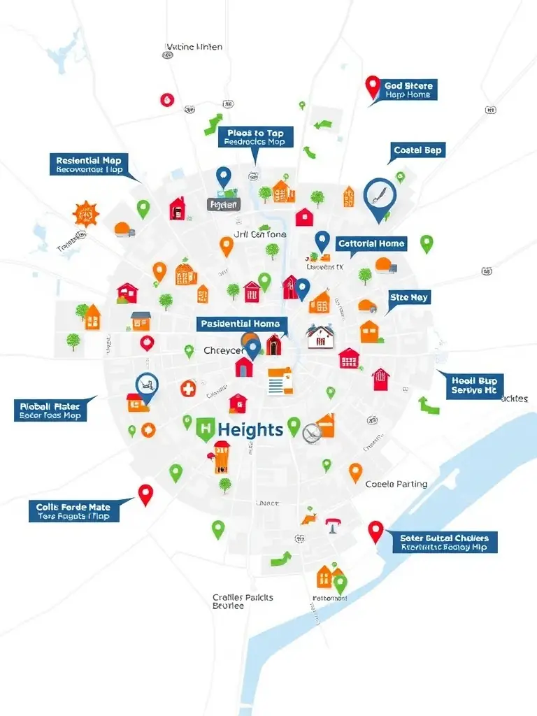 A detailed map of Houston, Texas, highlighting the Heights neighborhood with a focus on residential homes and local businesses, indicating HVAC service availability.