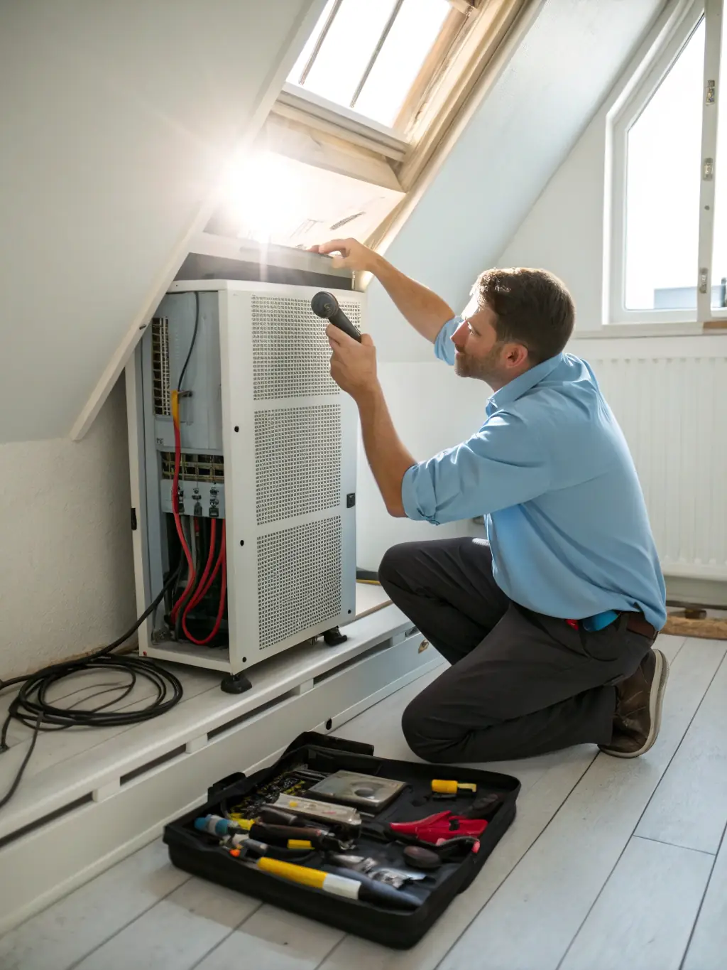 A modern HVAC system being inspected by a certified technician in Houston, Texas, ensuring optimal performance and energy efficiency.