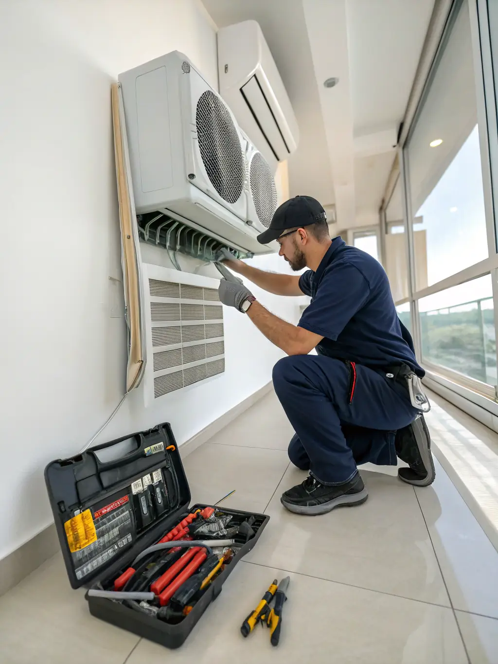 A technician in Houston, Texas, expertly repairing an air conditioning unit in a modern residential setting, showcasing Houston HVAC Pro's AC repair service.