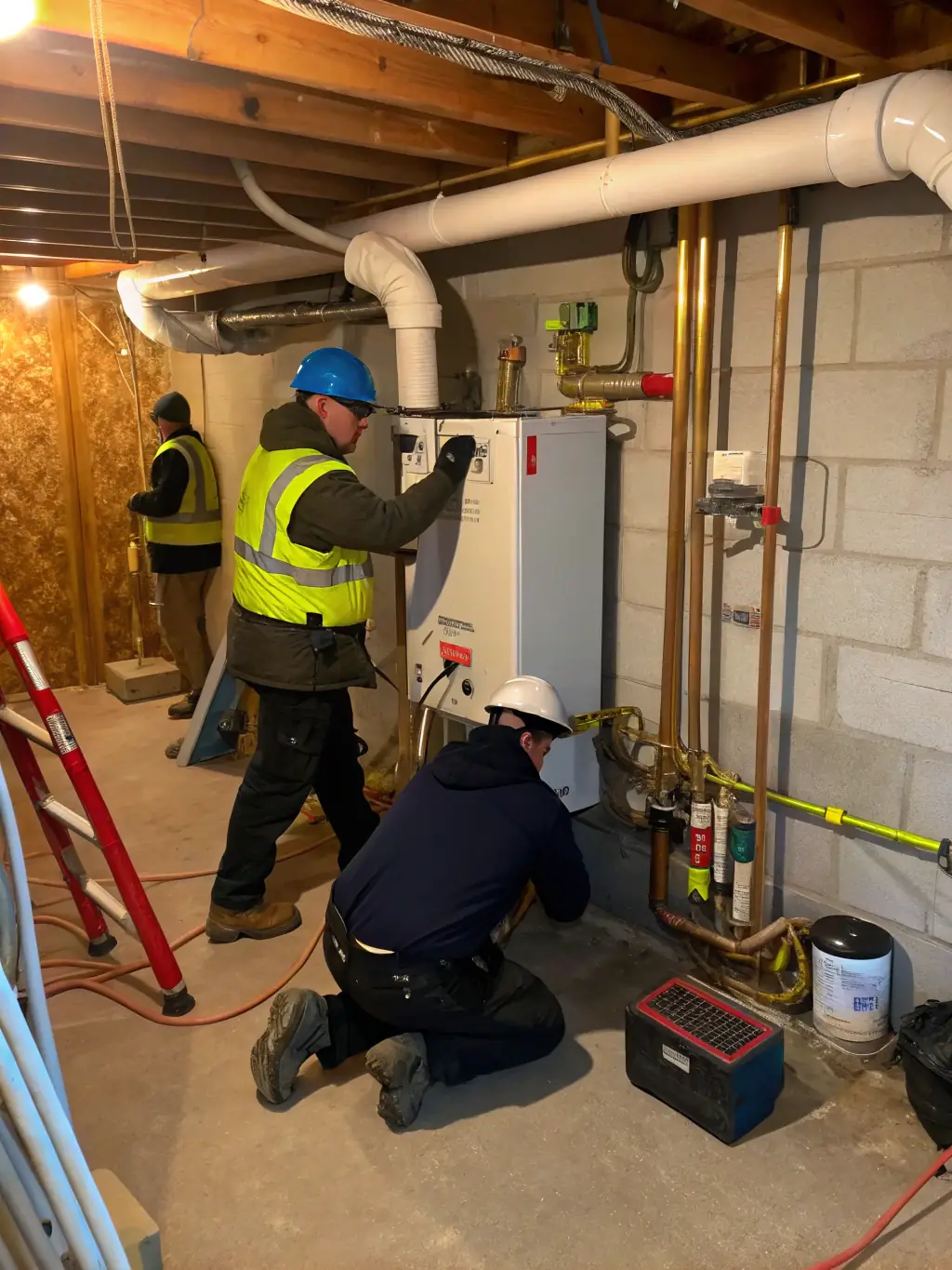 A professional installer setting up a new, energy-efficient heating system in a Houston home, highlighting Houston HVAC Pro's heating installation expertise.